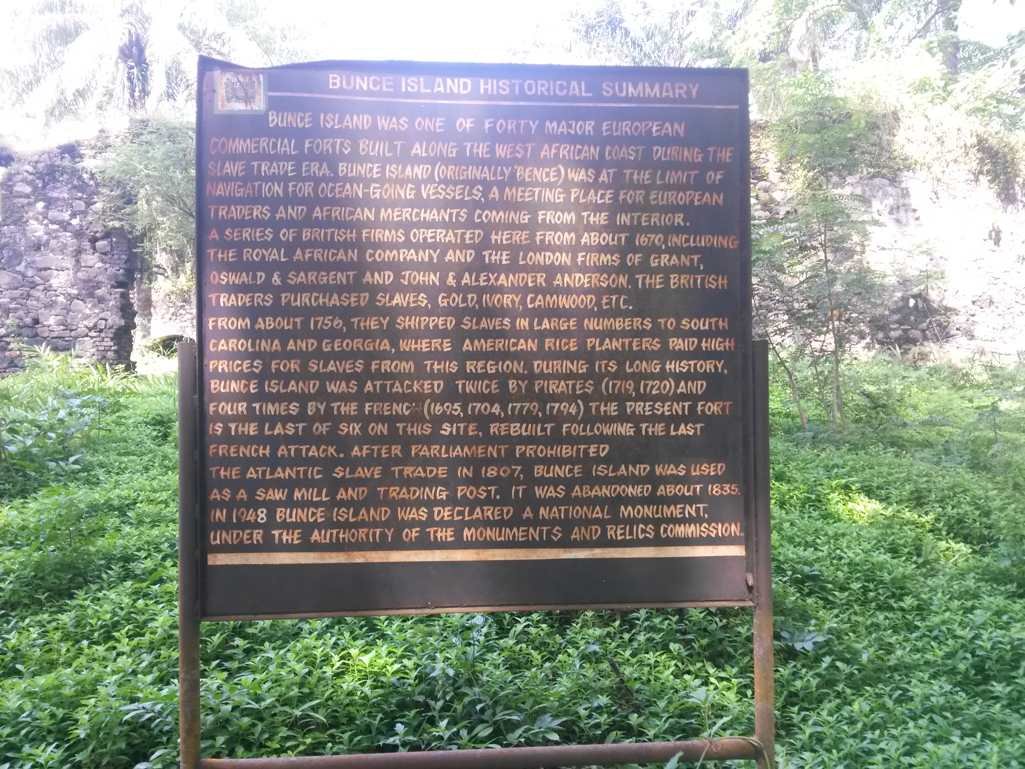 Historical summary panel at Bunce Island slave fort, Sierra Leone