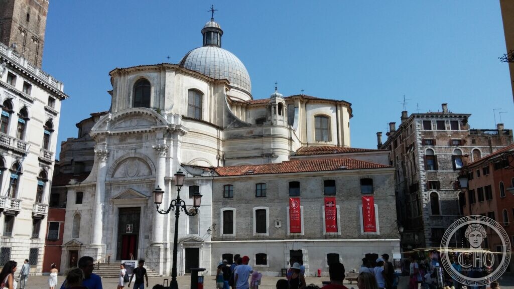 The church of San Geremia in Venice with its lead dome and lantern, the plain stone front on the campo and the older brick bell tower rising at the left