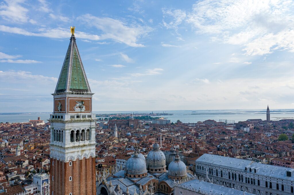The brick shaft of St Mark's Campanile above Piazza San Marco, rebuilt to the design of the tower that fell in 1902