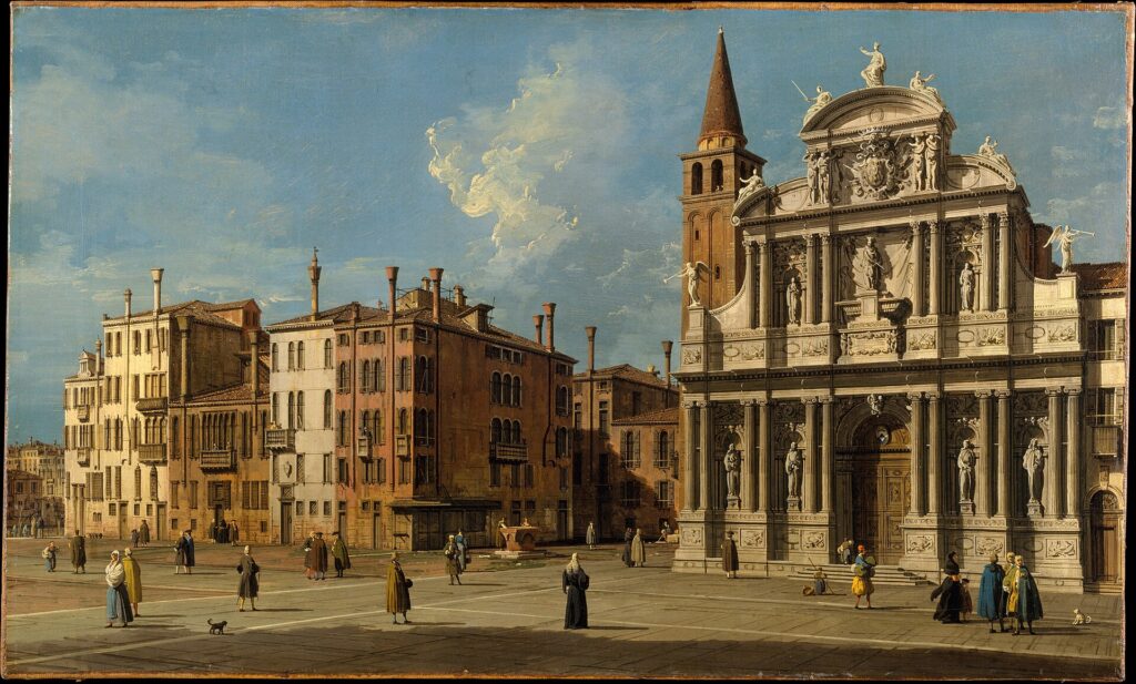 Canaletto painted the campo with the church and its bell tower still standing; the tower was demolished in 1775