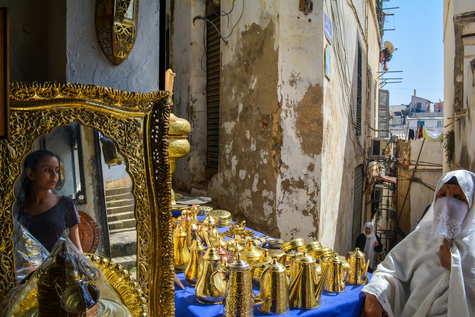 Whitewashed terraced rooftops and minarets of the Casbah of Algiers overlooking the bay