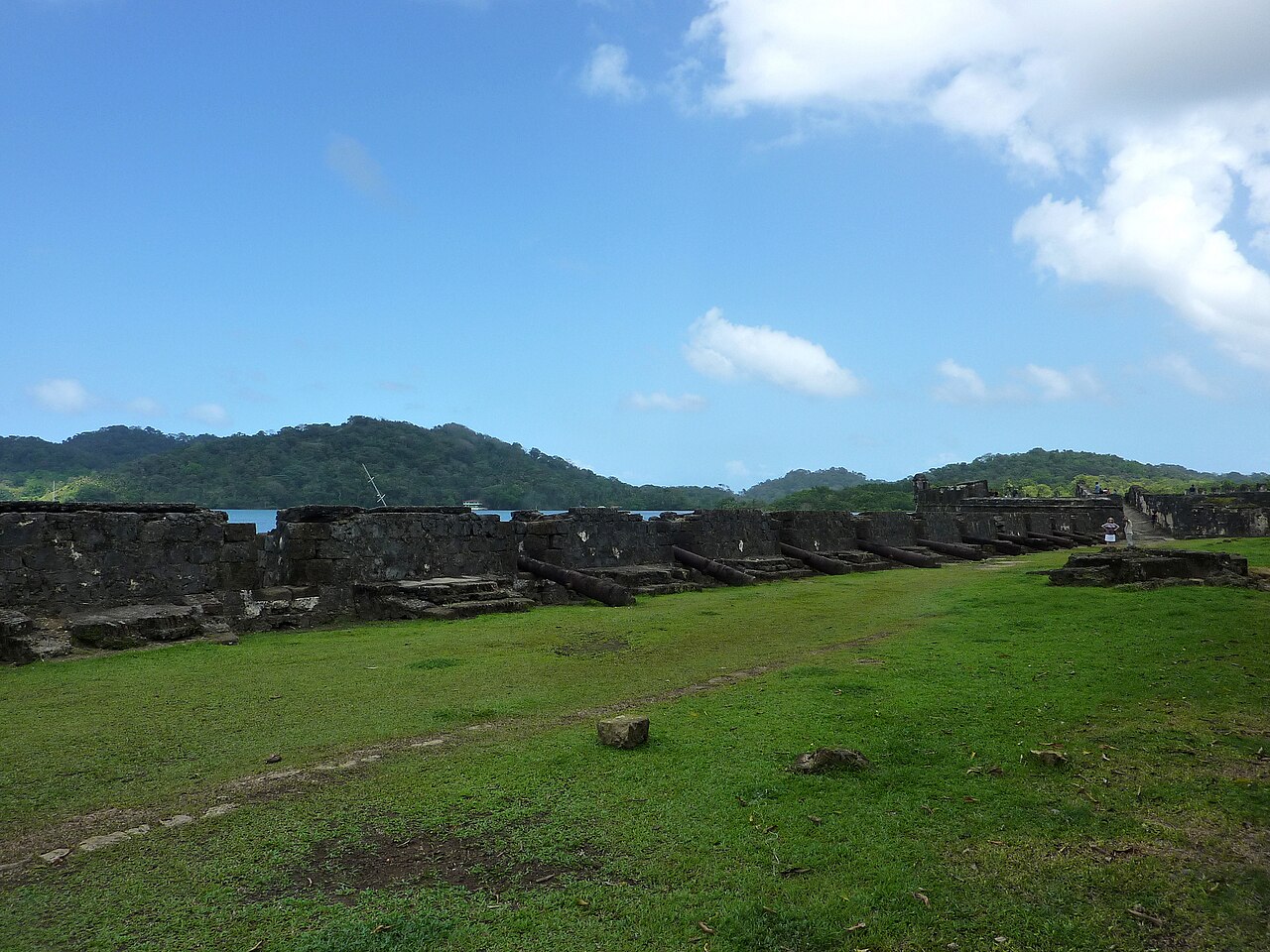 Stone cannon emplacements of Castillo de San Jerónimo overlooking Portobelo bay Caribbean coast