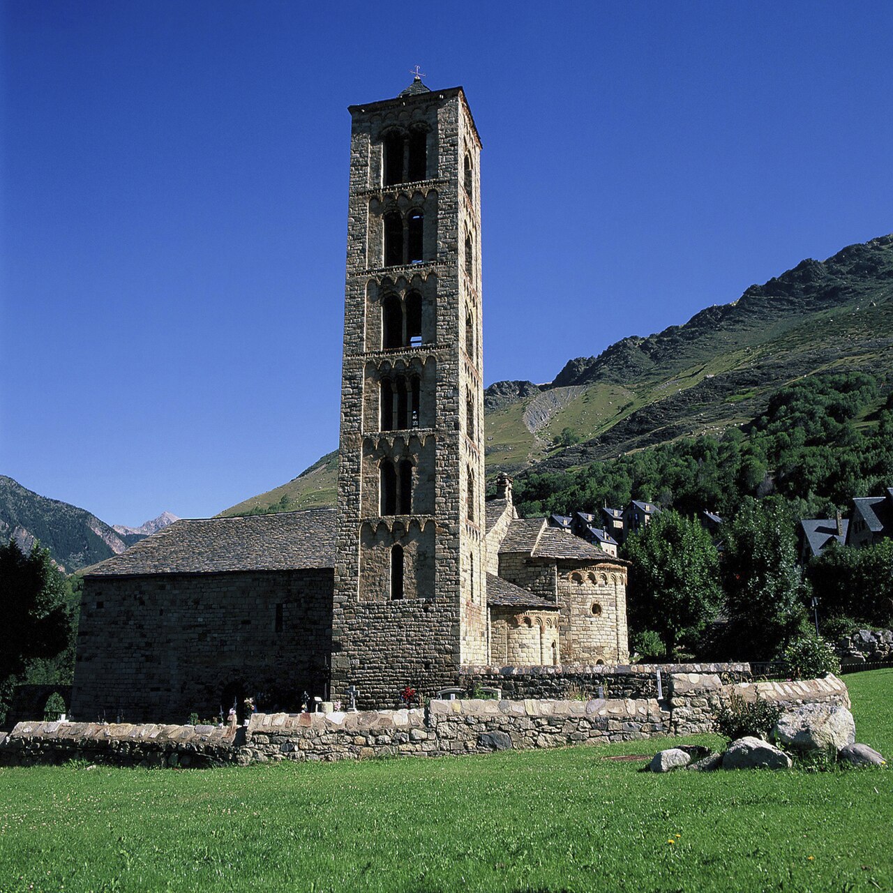 Aerial view of the Catalan Romanesque church of Sant Climent de Taüll in the Vall de Boí, Catalonia, Spain