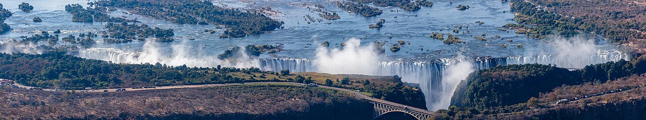Panoramic view of Victoria Falls spanning the Zambia-Zimbabwe border