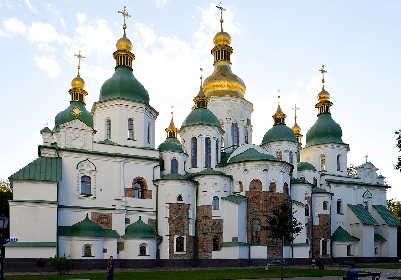 Saint-Sophia Cathedral golden domes and white bell tower in Kyiv