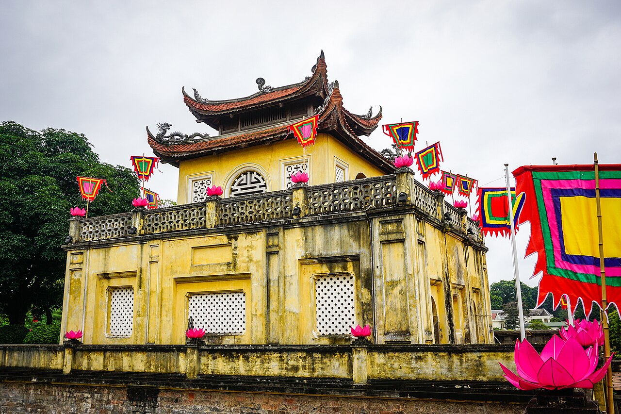 The Flag Tower (Cột cờ Hà Nội) and the main gate of the Imperial Citadel of Thăng Long (Hoàng thành Thăng Long) in Hanoi, Vietnam — the central axis of the 11th-century Vietnamese imperial capital, UNESCO World Heritage inscribed in 2010