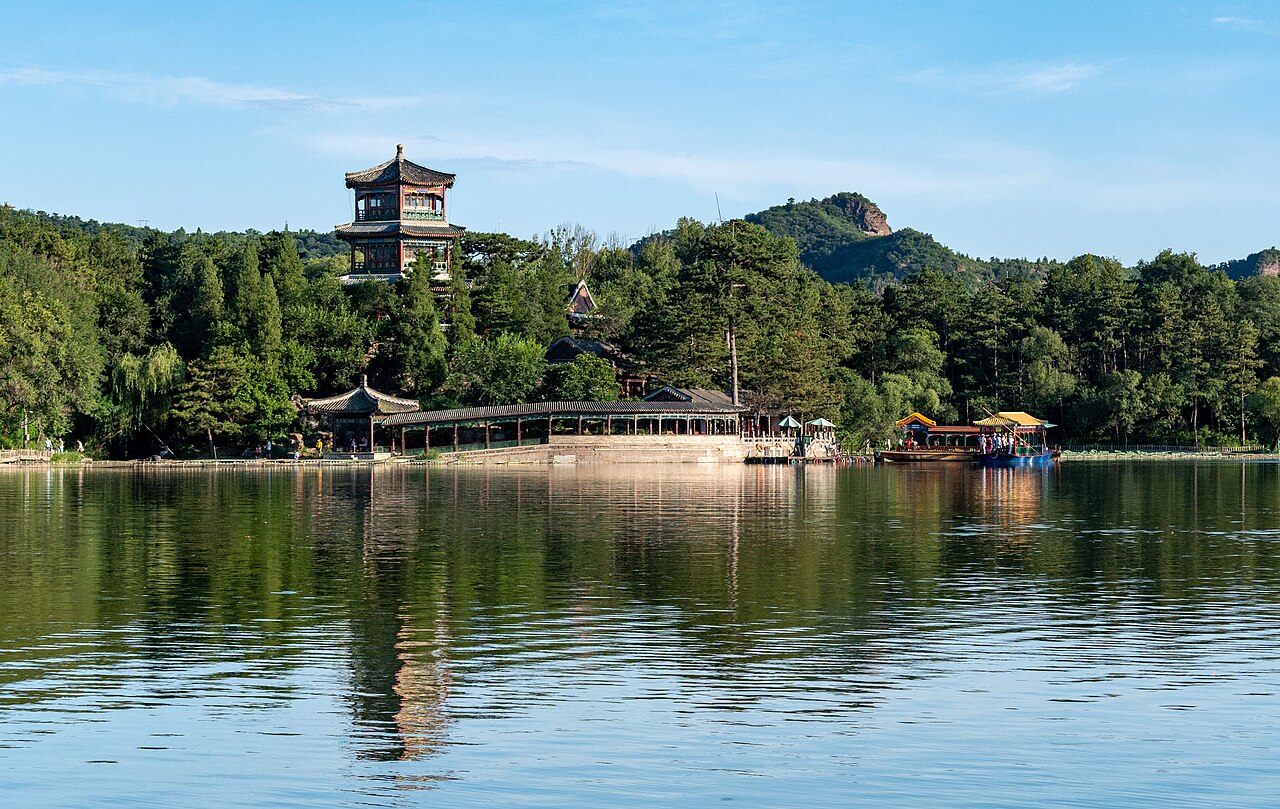 Artificial lake with Qing dynasty pavilion and garden buildings of the Mountain Resort imperial summer retreat at Chengde, Hebei Province, China