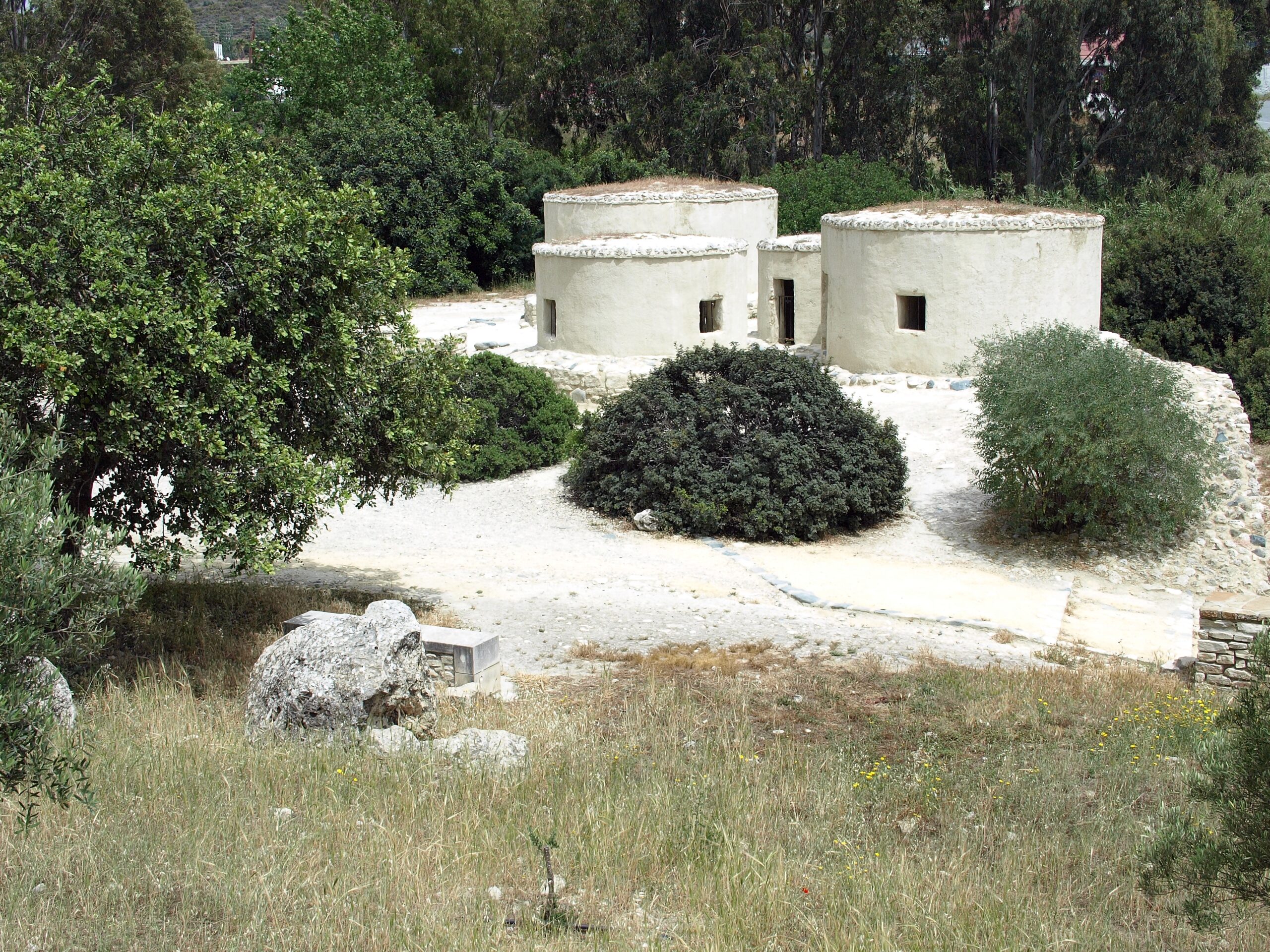 Reconstructed circular mud-brick tholoi houses at the Neolithic site of Choirokoitia, Cyprus