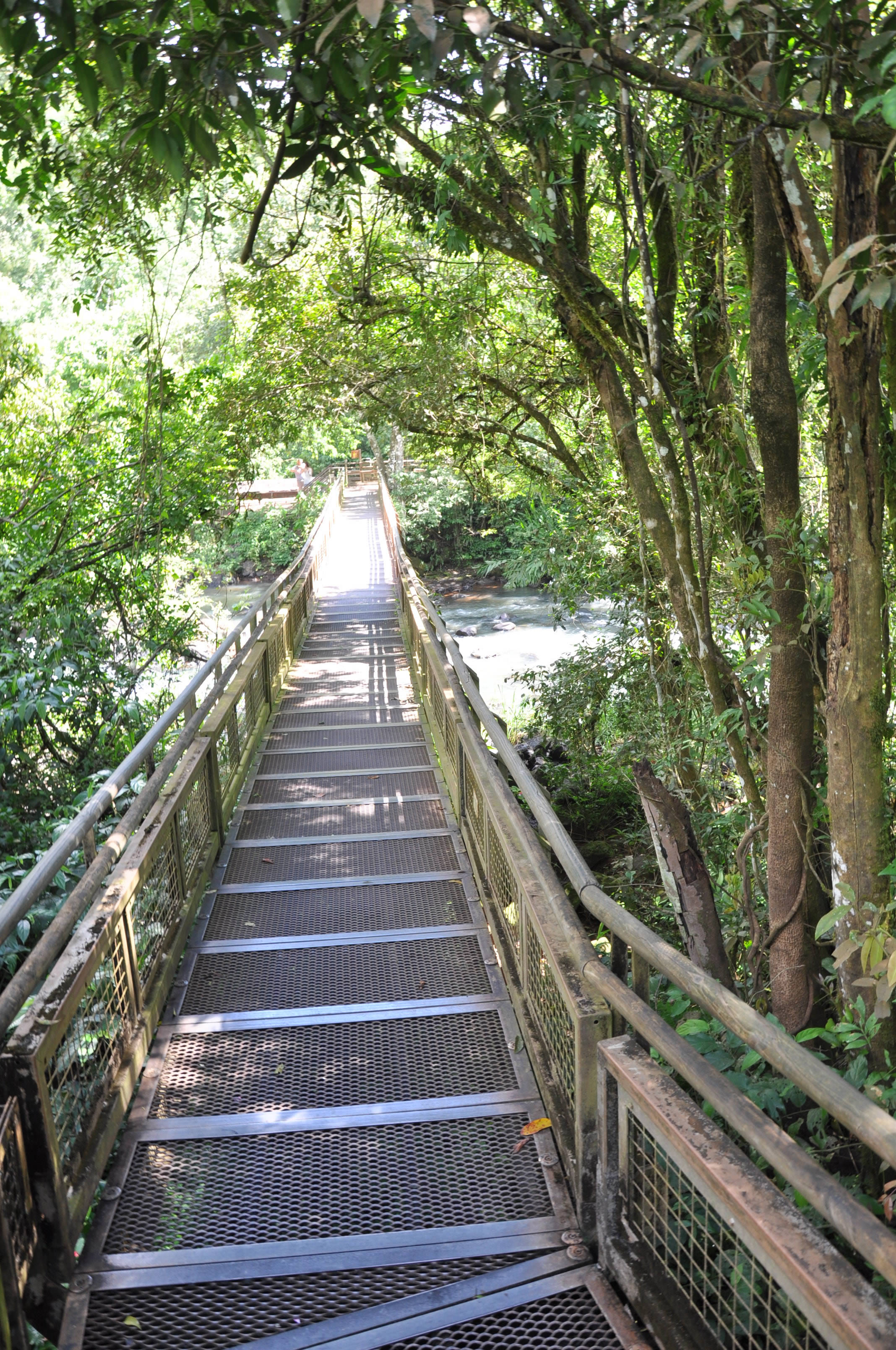 Walkway through mist at Iguazu Falls lower circuit with rainbow