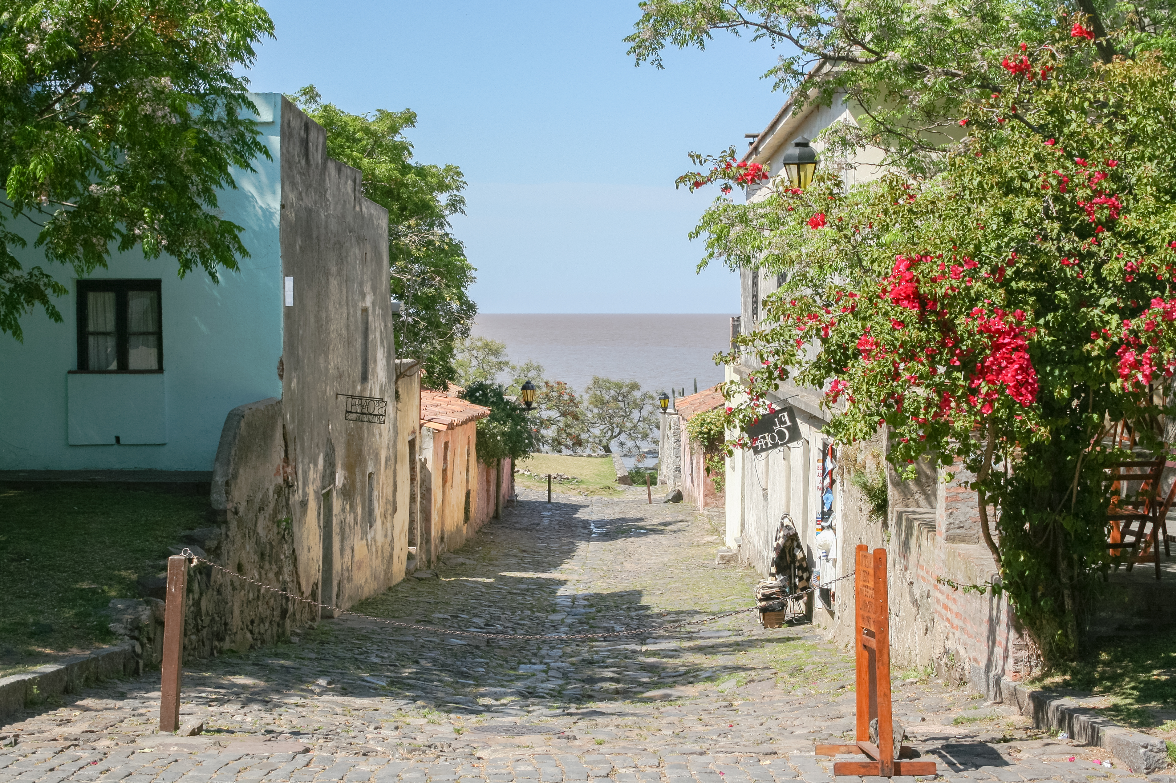Colonial street with historic buildings and cobblestones in Colonia del Sacramento Uruguay