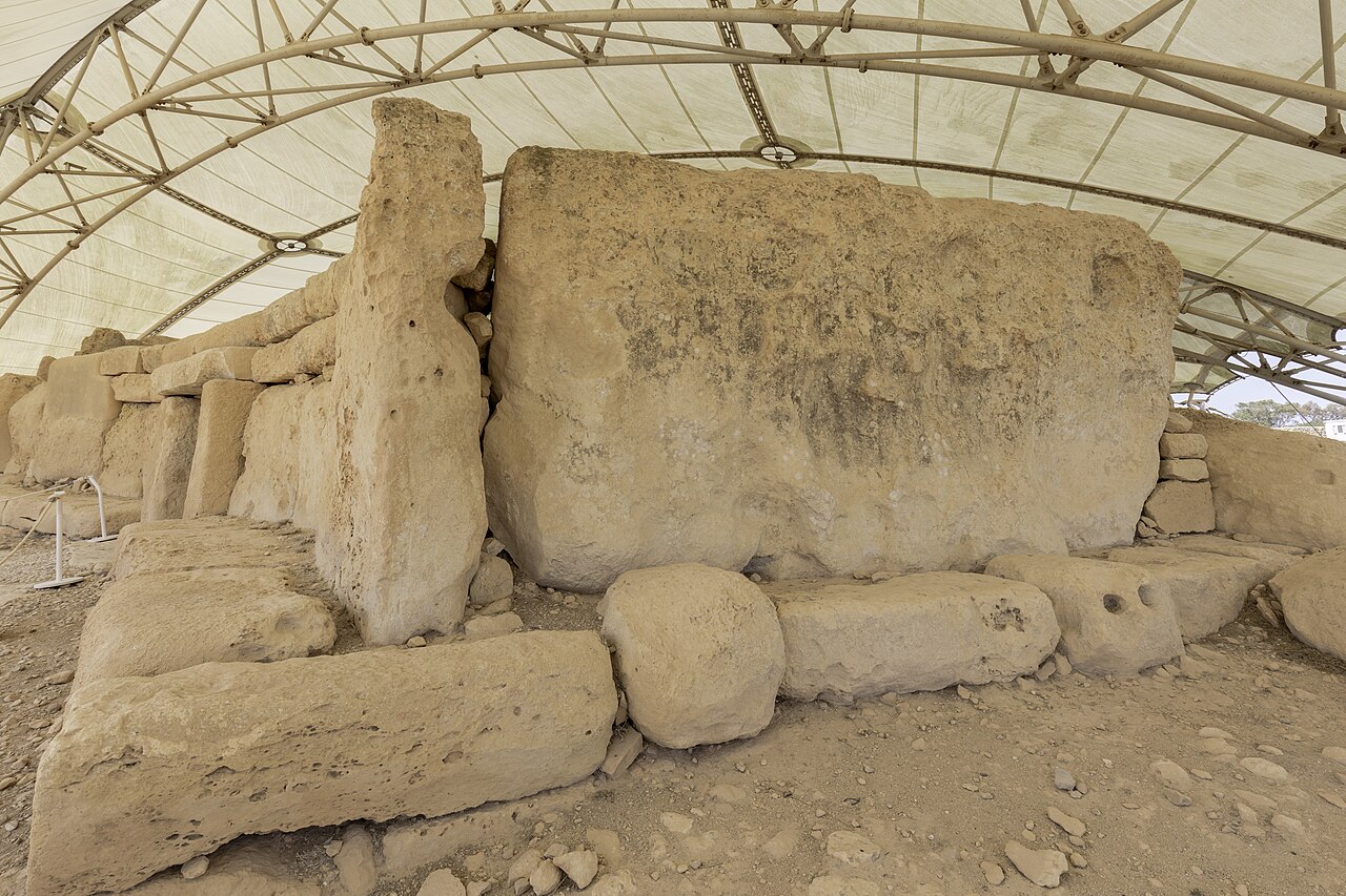 Limestone megalithic stones of Ħaġar Qim temple complex Malta coastal clifftop