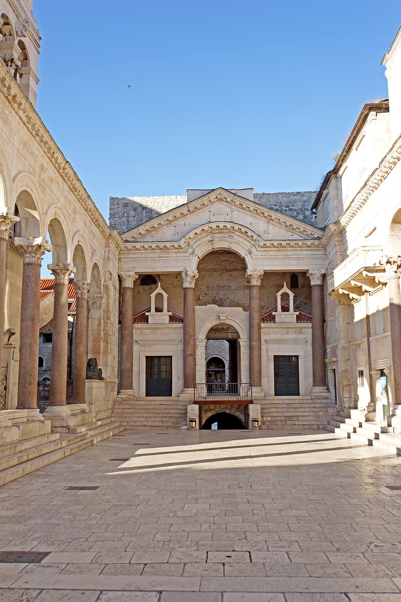 The Peristyle of Diocletian's Palace in Split, Croatia — the colonnaded ceremonial courtyard of the 4th-century Roman imperial residence