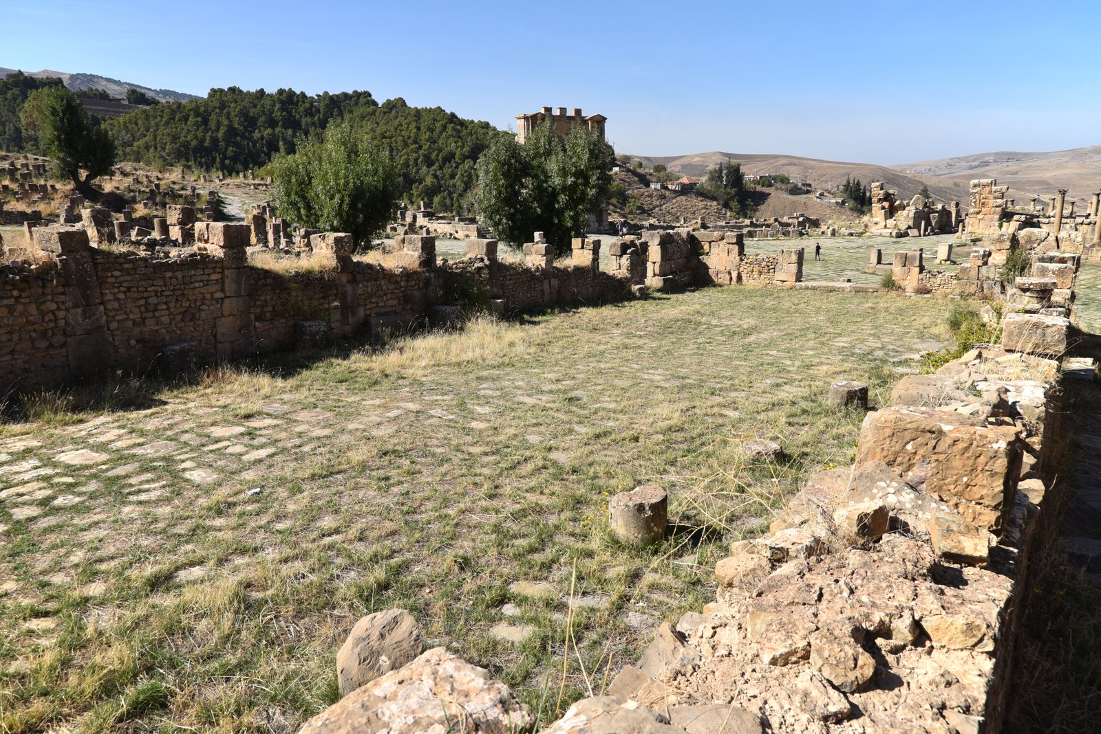 Carved stone columns and forum of the Roman city of Cuicul at Djemila Algeria