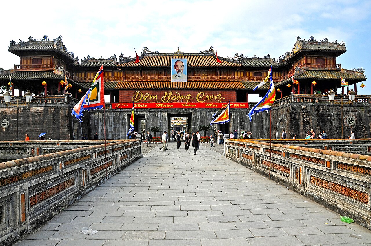 The Ngọ Môn (Meridian Gate), the imposing southern entrance to the Imperial City of Huế, Vietnam — a five-passage ceremonial gate surmounted by the Ngũ Phụng Pavilion (Five Phoenix Pavilion), built in 1834 during the reign of Minh Mạng and part of the UNESCO World Heritage Complex of Huế Monuments