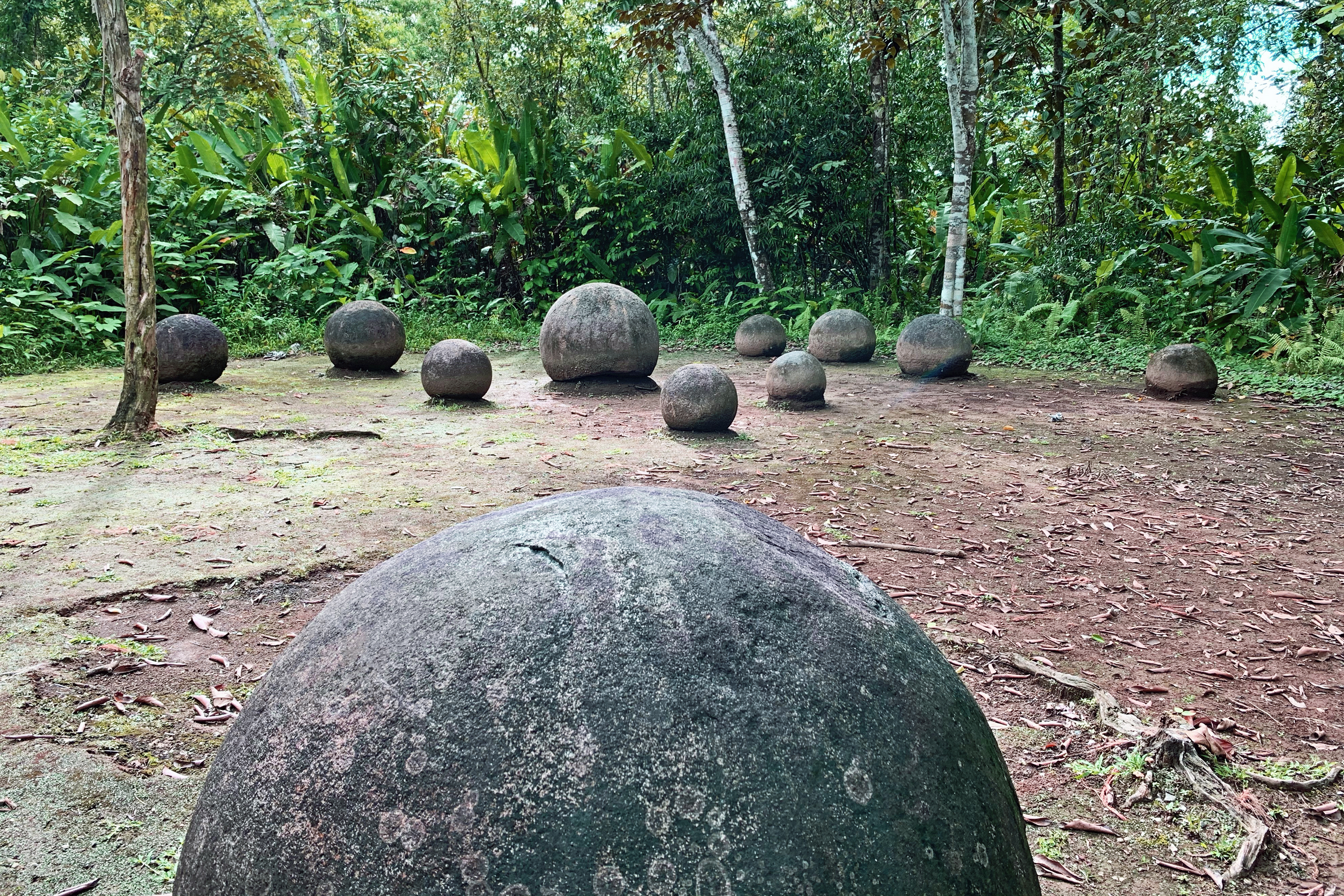Large granite stone spheres arranged in situ at Finca 6 archaeological site Costa Rica