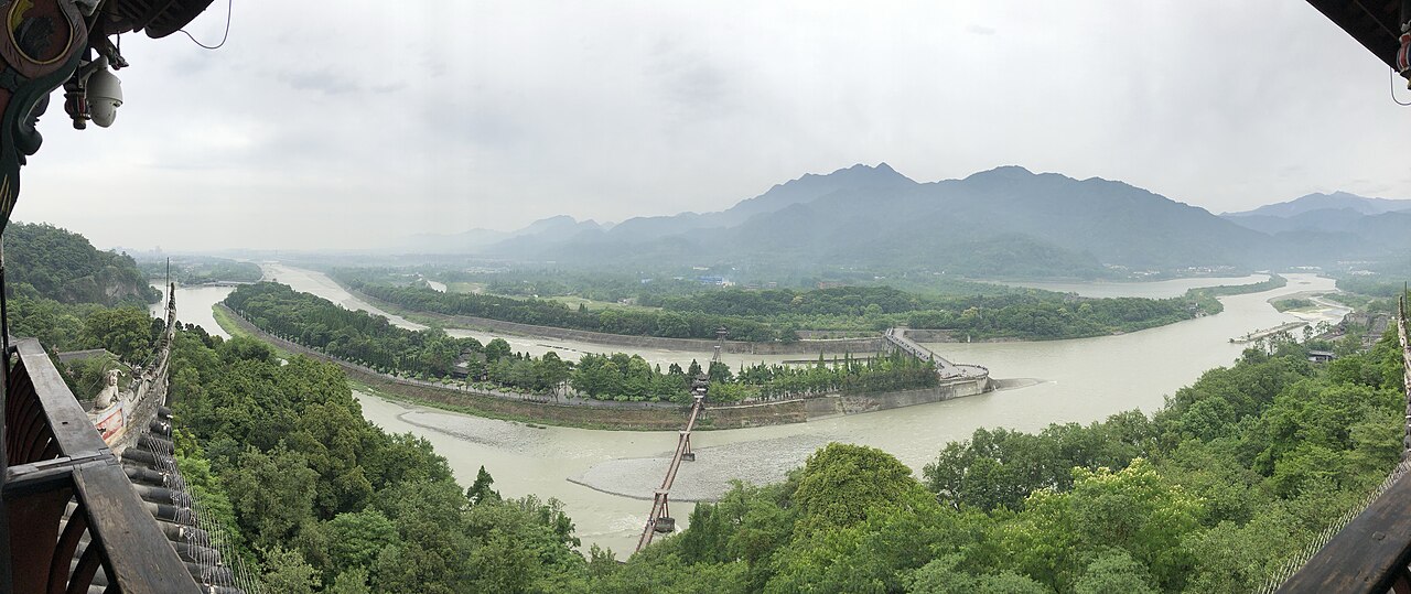 Dujiangyan weir and fish mouth dam on Min River Chengdu plain Sichuan China