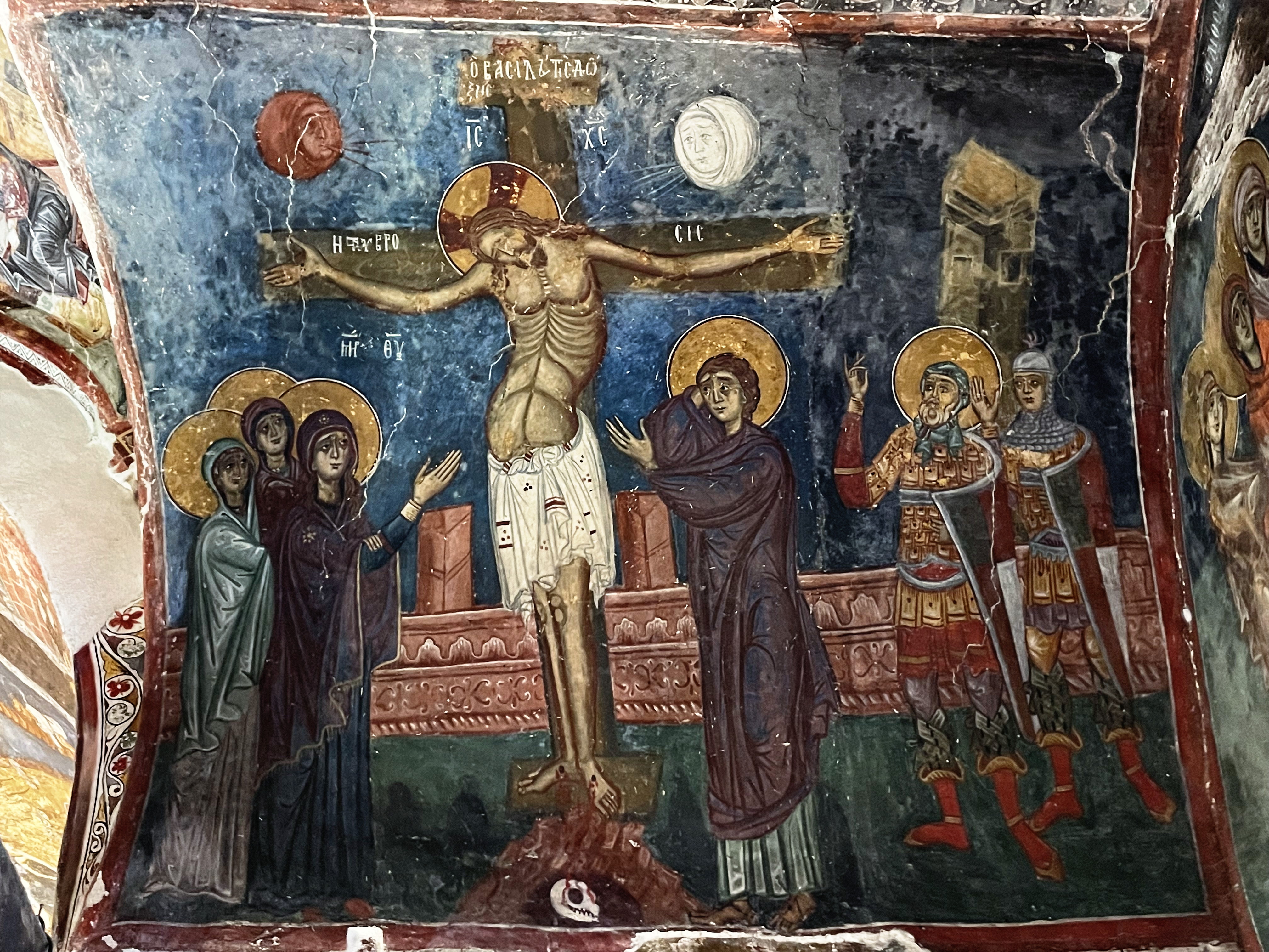 Byzantine fresco of the Crucifixion painted on the interior wall of Agios Nikolaos tis Stegis church, Troodos