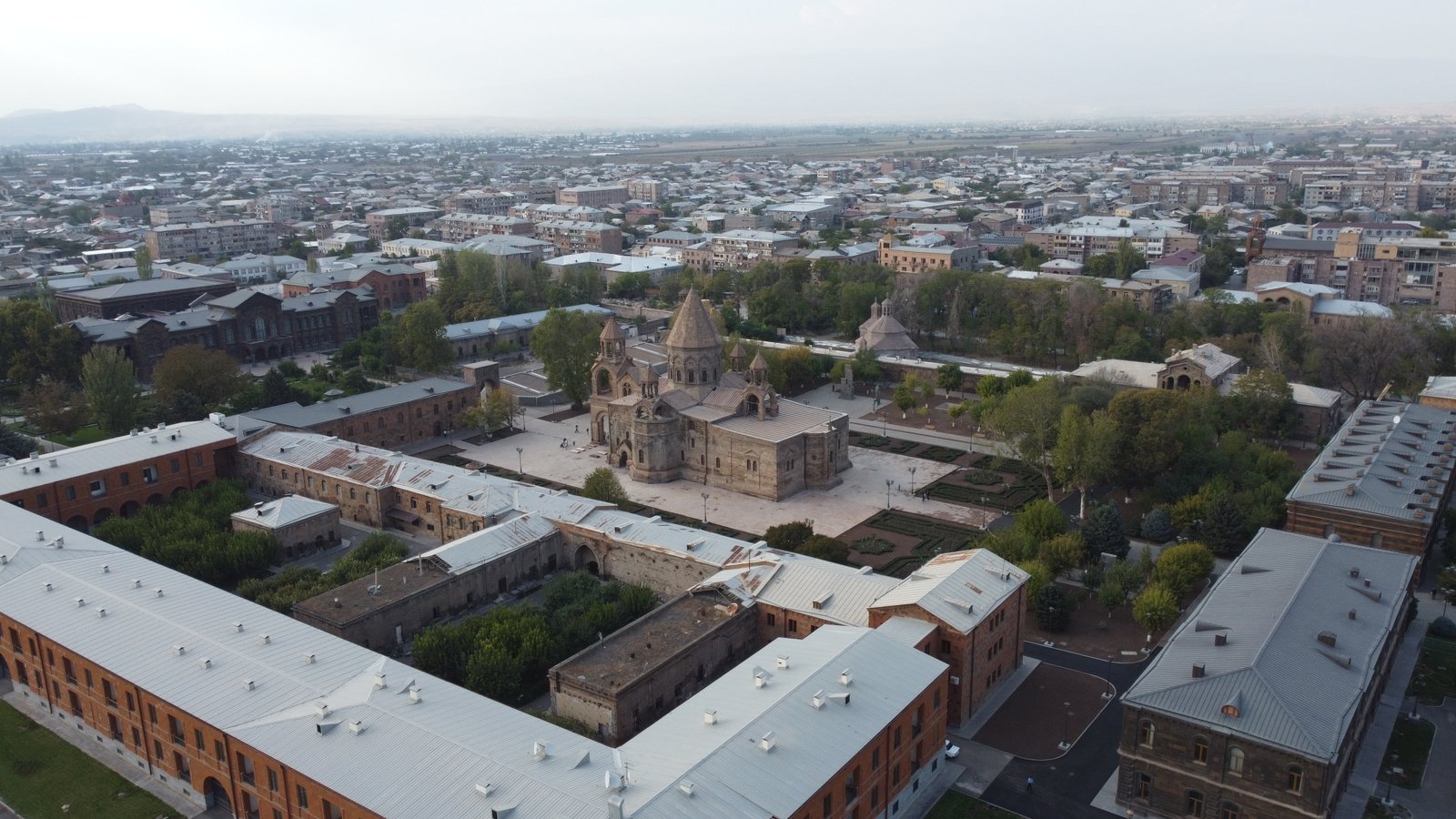 Aerial view of Etchmiadzin Cathedral complex and surrounding city, Armenia