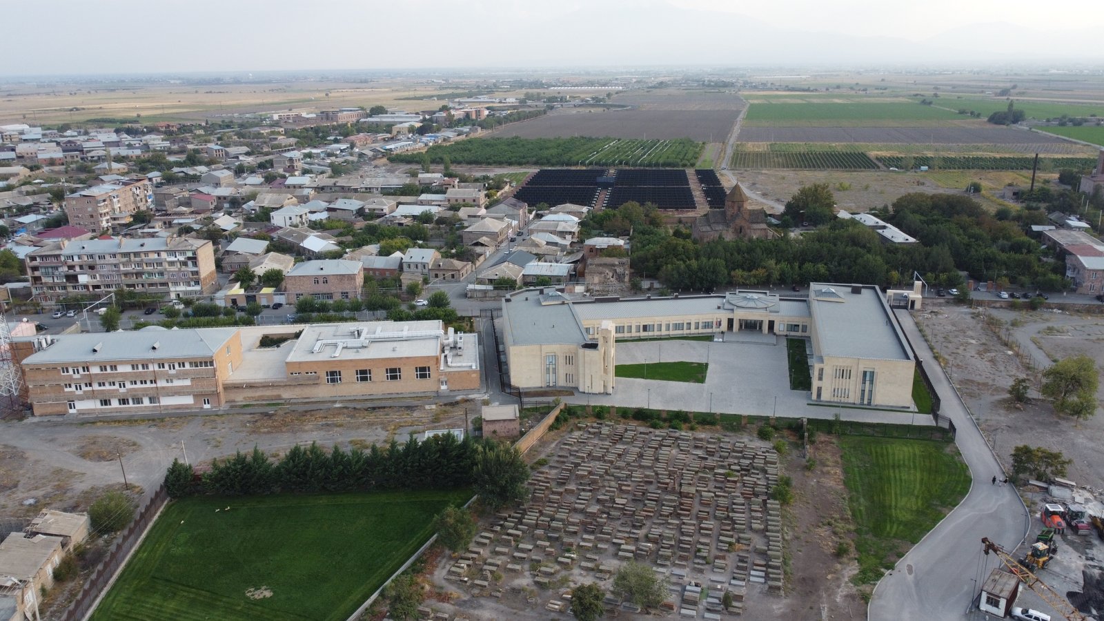 Aerial photograph showing Etchmiadzin Cathedral dome and walled compound from above