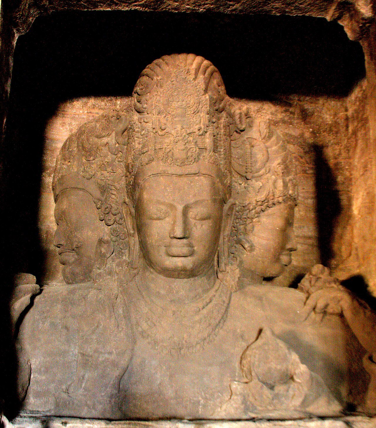 Elephanta Caves Trimurti three-headed Shiva sculpture, UNESCO World Heritage Site
