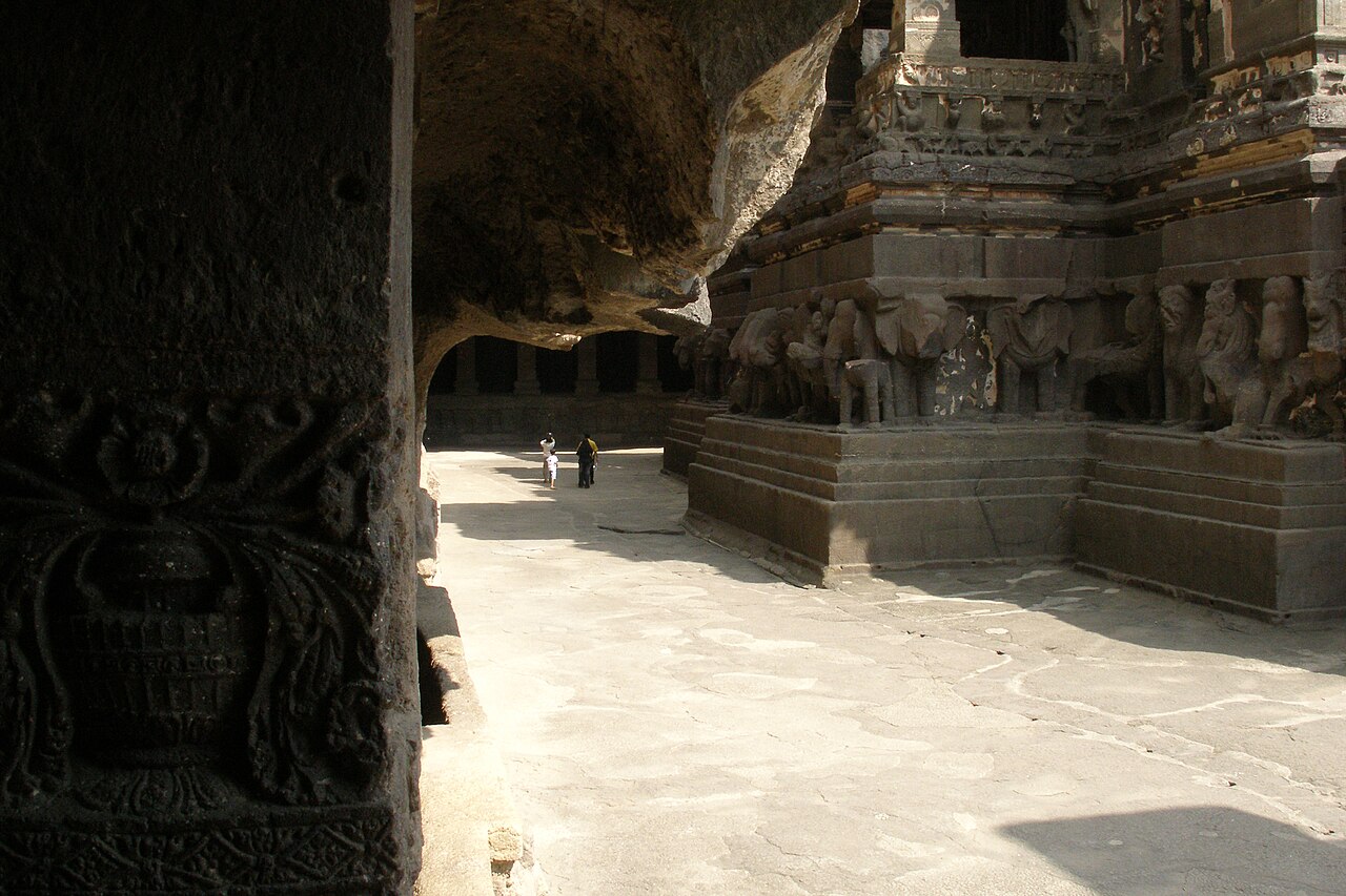 The Kailasa Temple (Cave 16) at Ellora Caves, Maharashtra, India — a monolithic Hindu temple carved downward from a basalt cliff, dedicated to Shiva, built under the Rashtrakuta dynasty in the 8th century