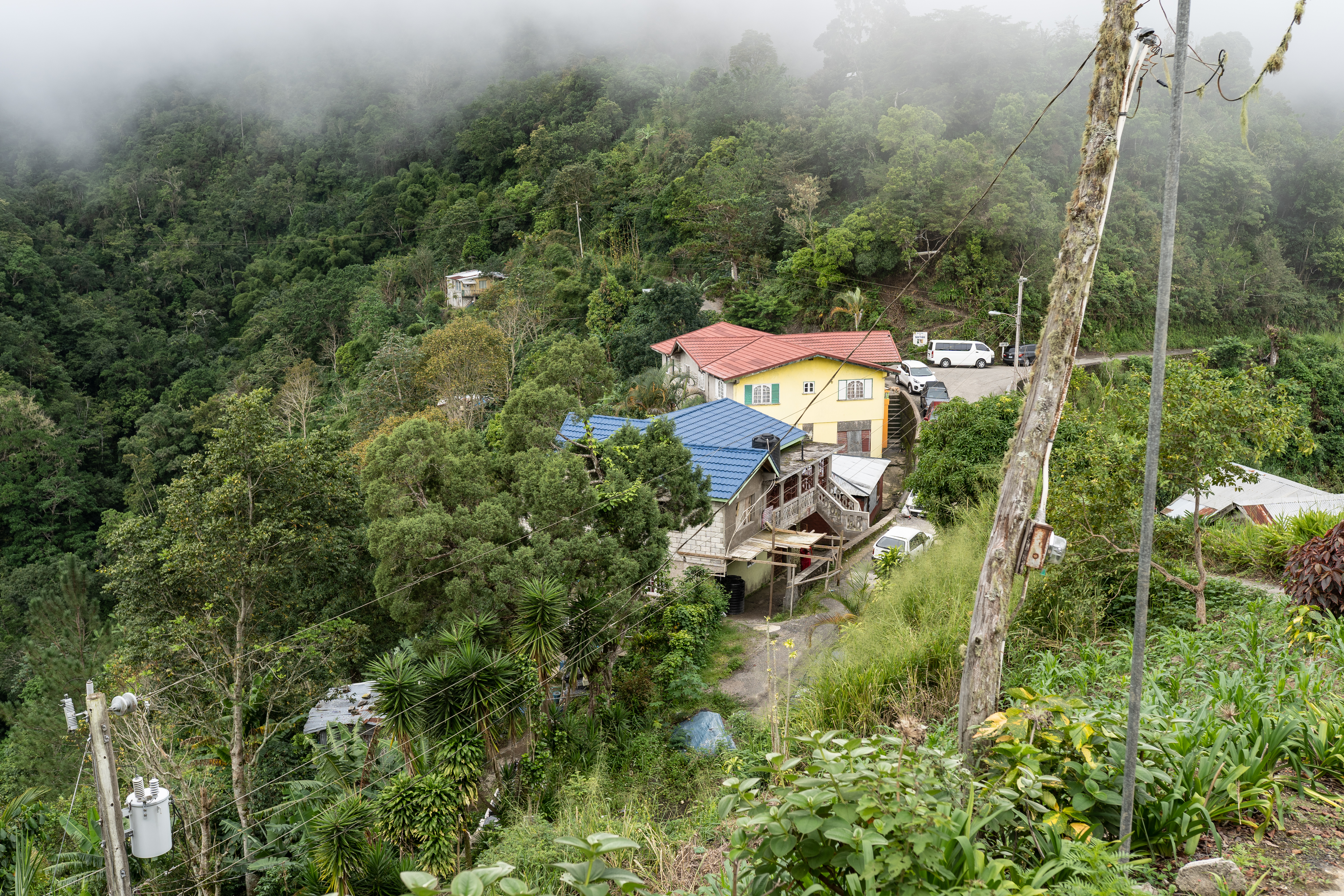 Morning fog drifting over a mountain village in the Blue Mountains of Portland Parish, Jamaica