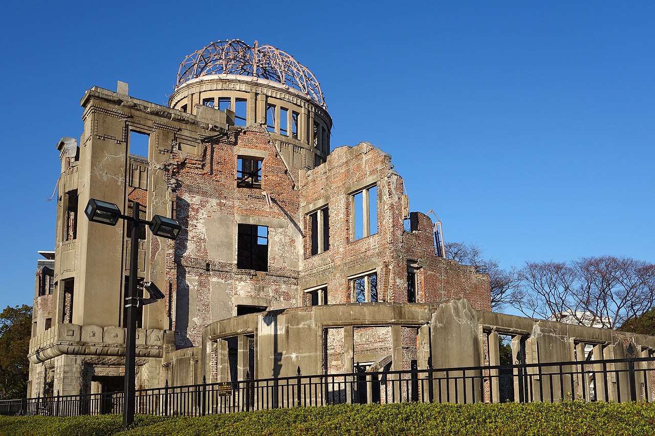 The Atomic Bomb Dome (Genbaku Dome), the ruins of the former Hiroshima Prefectural Industrial Promotion Hall, preserved as a UNESCO World Heritage monument and symbol of nuclear peace in Hiroshima city, Japan