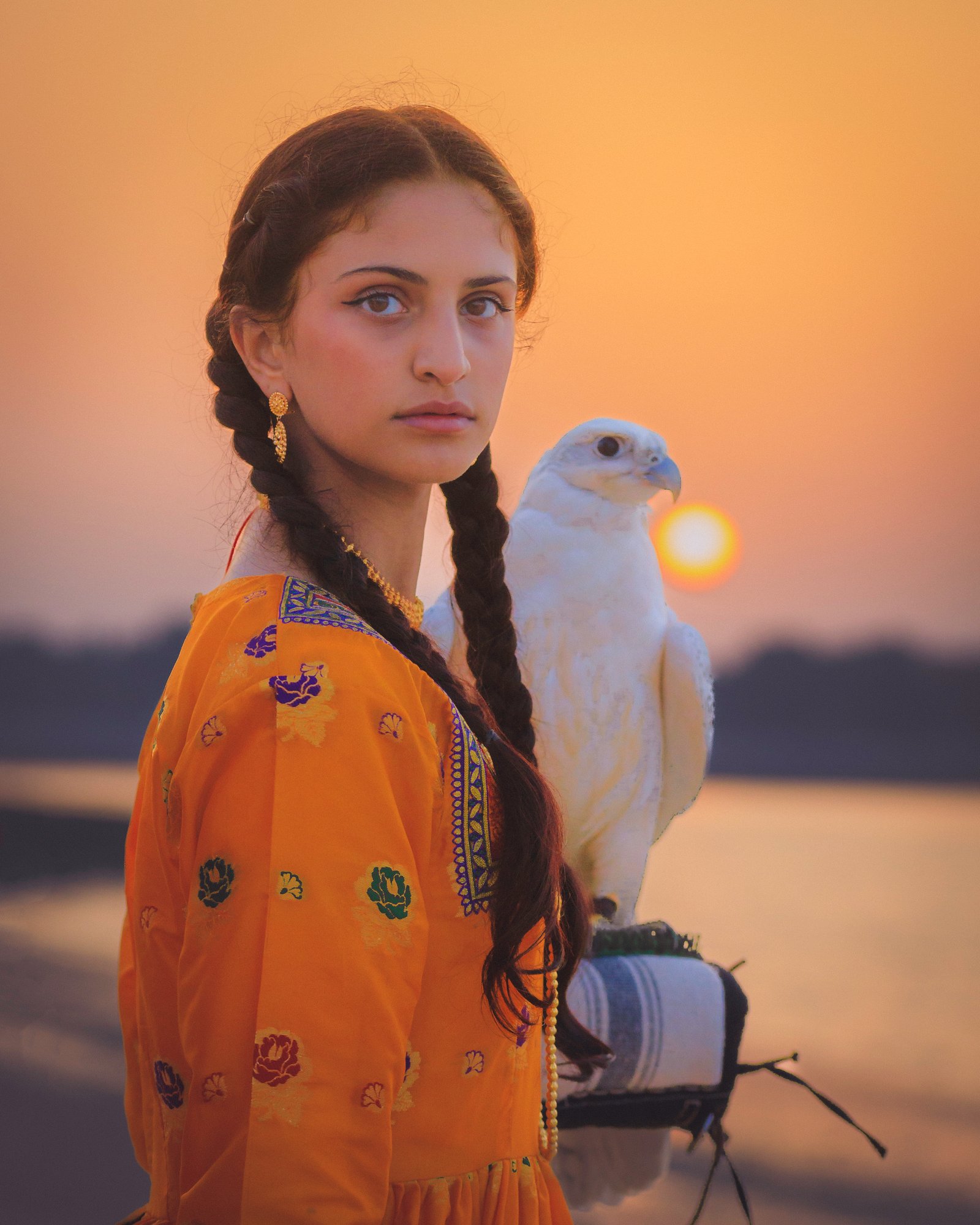 Young woman in traditional Arab dress holding a falcon on a gloved wrist in the UAE