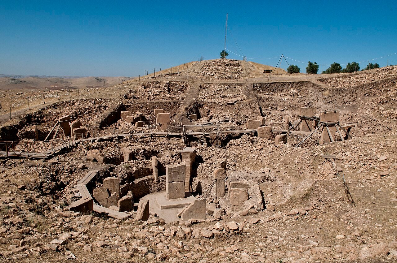 Aerial view of excavated circular stone enclosures at Göbekli Tepe showing T-shaped limestone pillars arranged in rings on a hilltop in southeastern Turkey