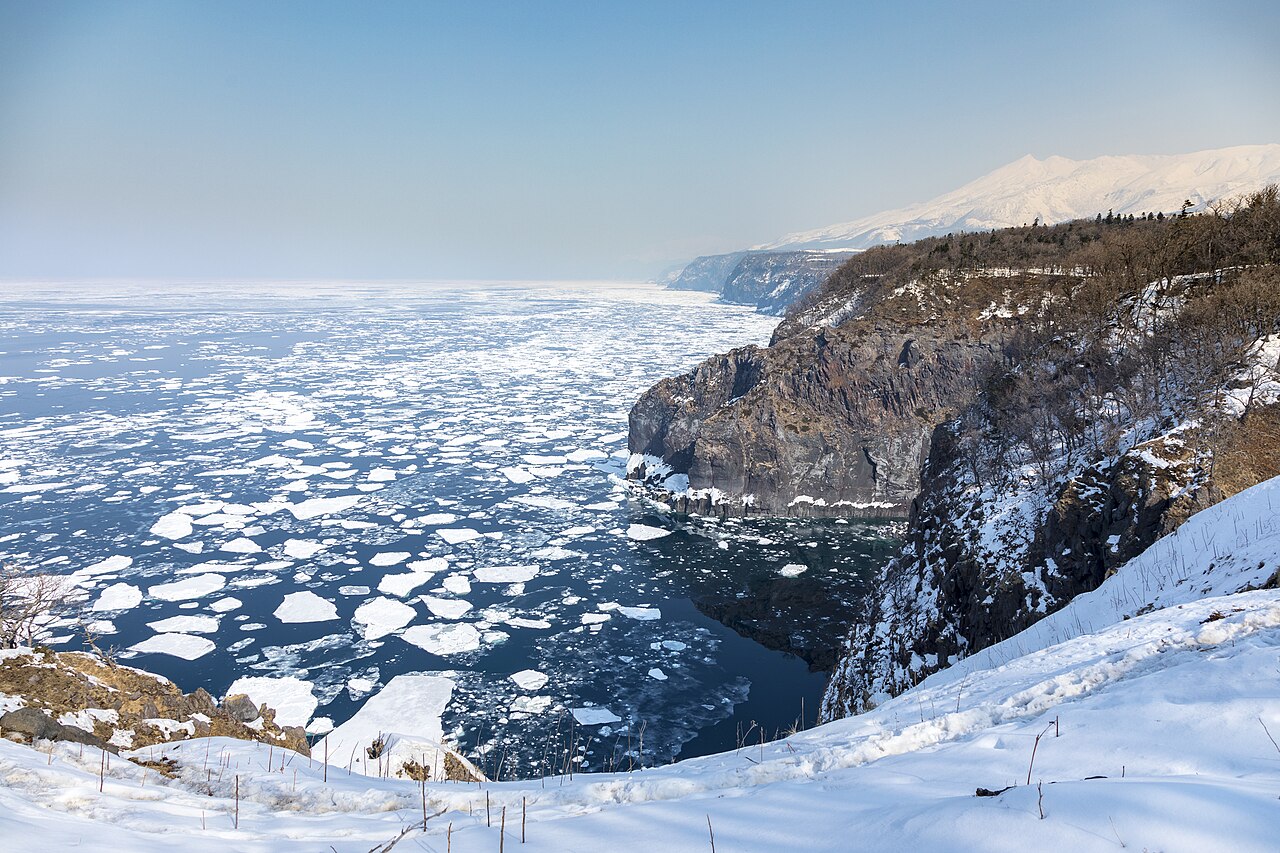 Drift ice (ryuhyo) covering the Sea of Okhotsk along the Shiretoko Peninsula coast in winter, Hokkaido