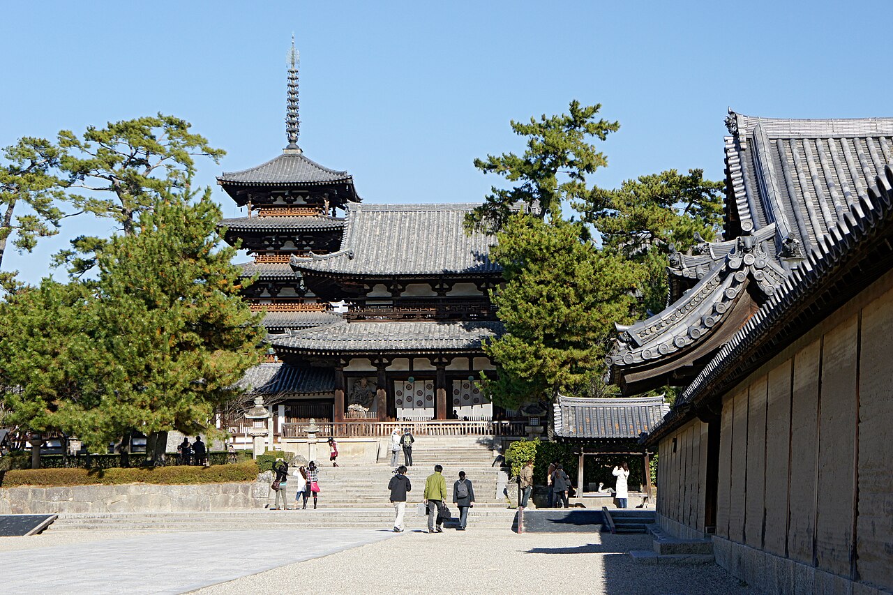 Five-storey wooden pagoda of Horyu-ji temple against blue sky, Ikaruga, Nara Prefecture