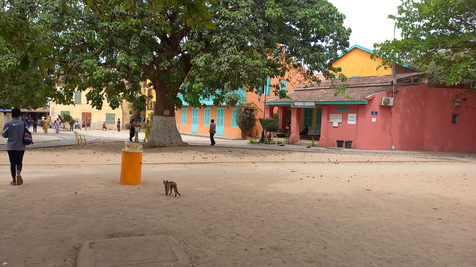 Île de Gorée viewed from the sea, colourful colonial buildings on a rocky shore