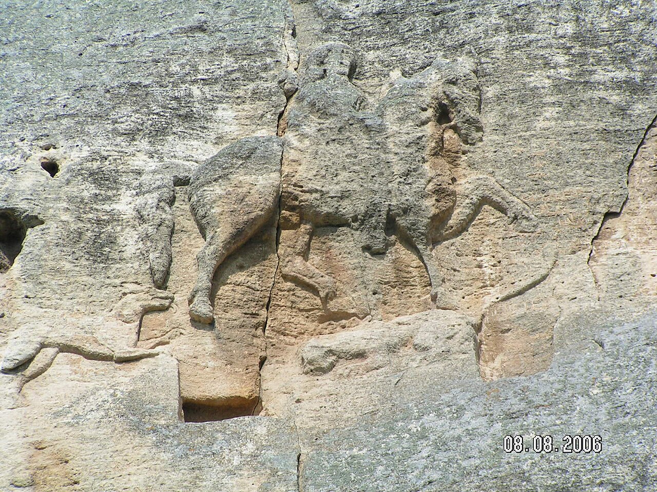 The Madara Rider bas-relief carved into a limestone cliff in northeastern Bulgaria, showing a horseman spearing a lion