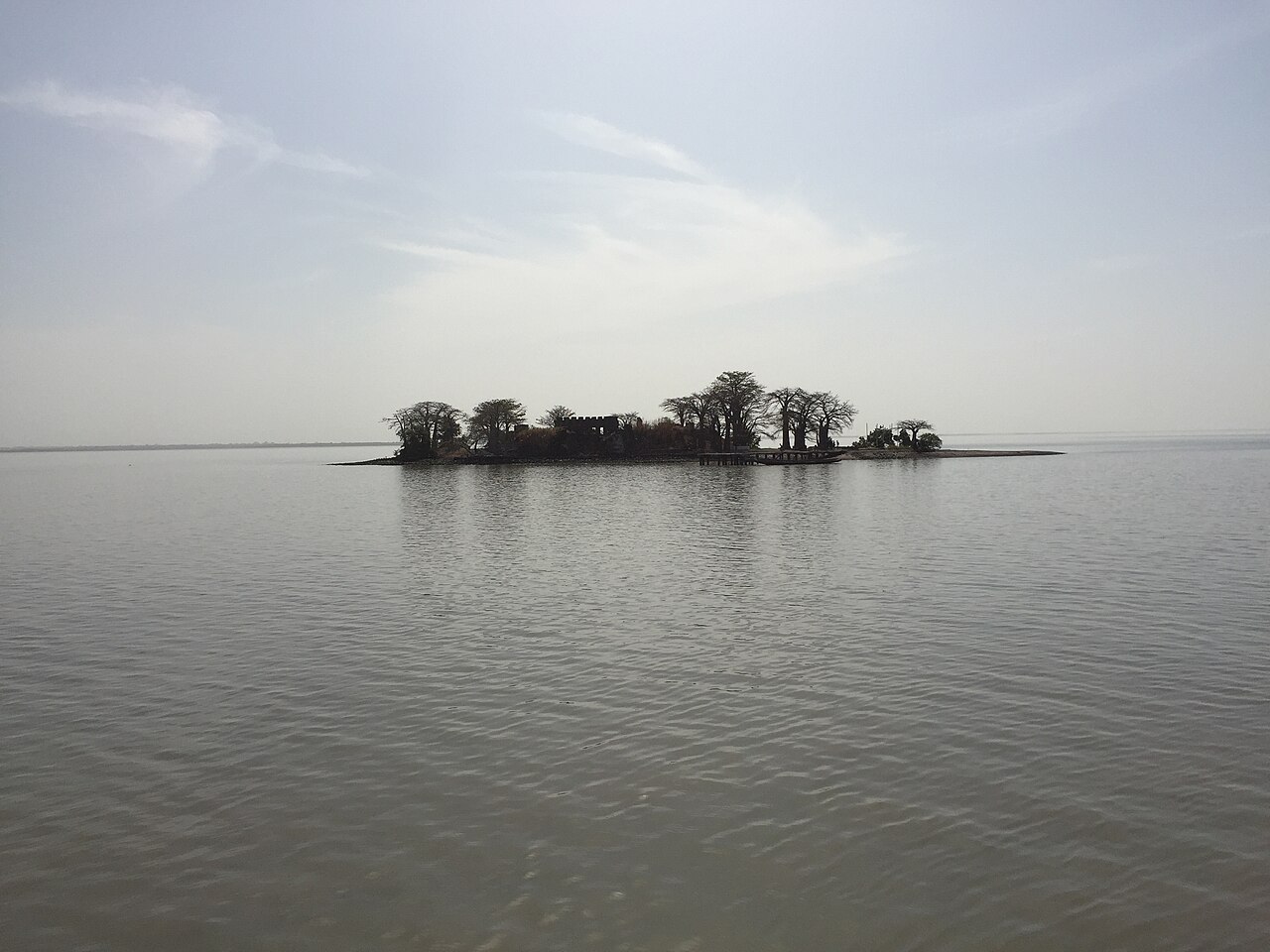 Ruined fort walls and baobab trees on Kunta Kinteh Island in the Gambia River