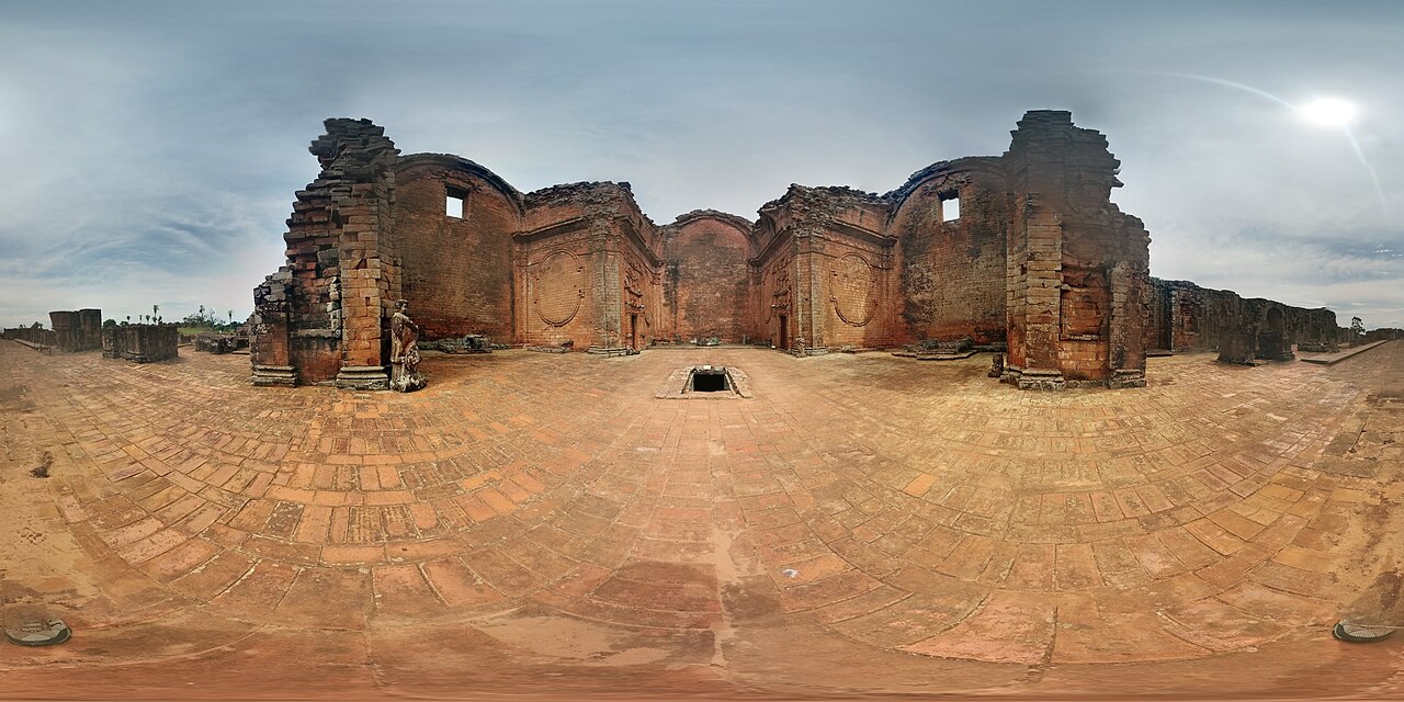 Panoramic view of sandstone ruins at the Jesuit mission of Trinidad Paraguay
