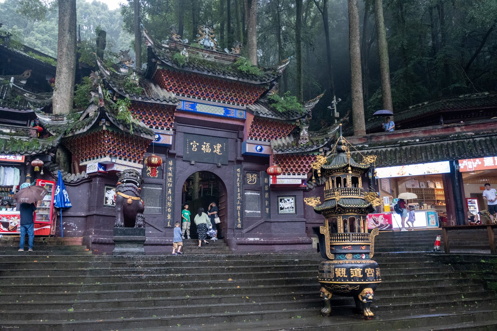 Jianfu Palace temple complex on Mount Qingcheng, wooden eaves above pine-forested slopes, Sichuan
