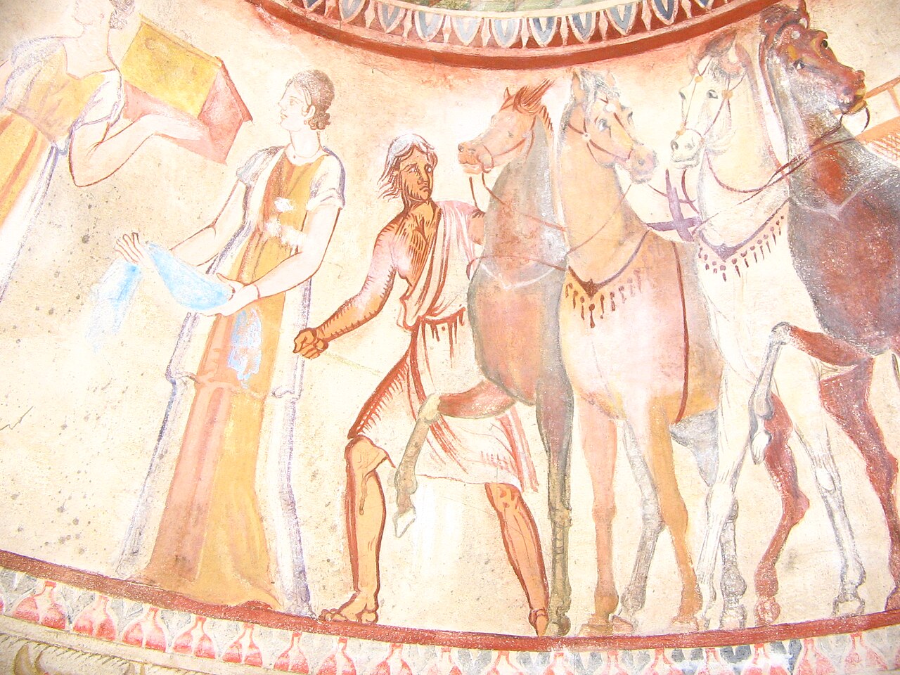 Hellenistic fresco detail from the Kazanlak Thracian tomb showing a nobleman and his wife at a funeral banquet