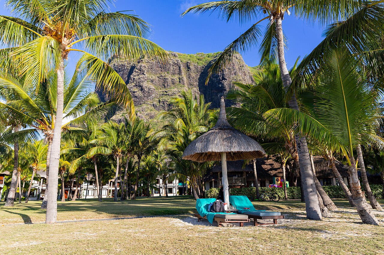 Le Morne Brabant basalt mountain rising above turquoise beach, Mauritius