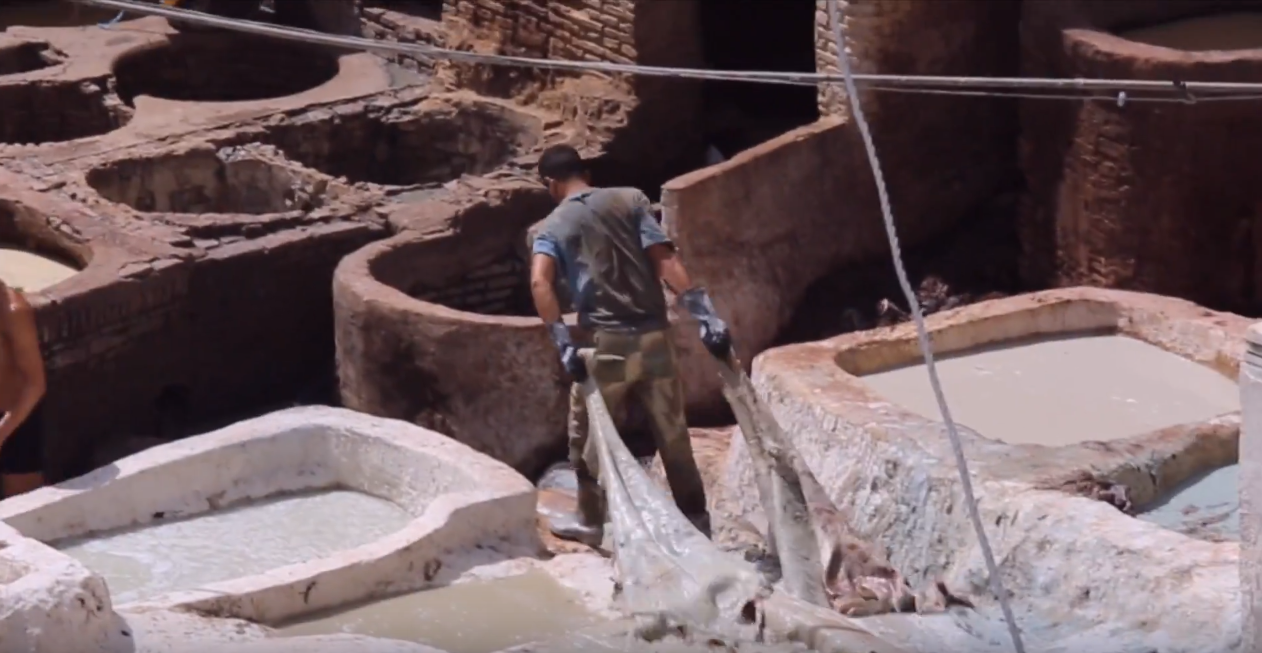 Chouara tanneries in Fez showing coloured dye vats from above