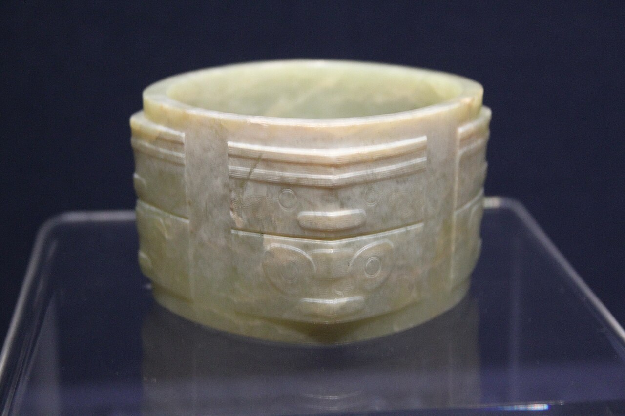 Liangzhu culture jade cong ritual tube cylinder cream surface Hangzhou China