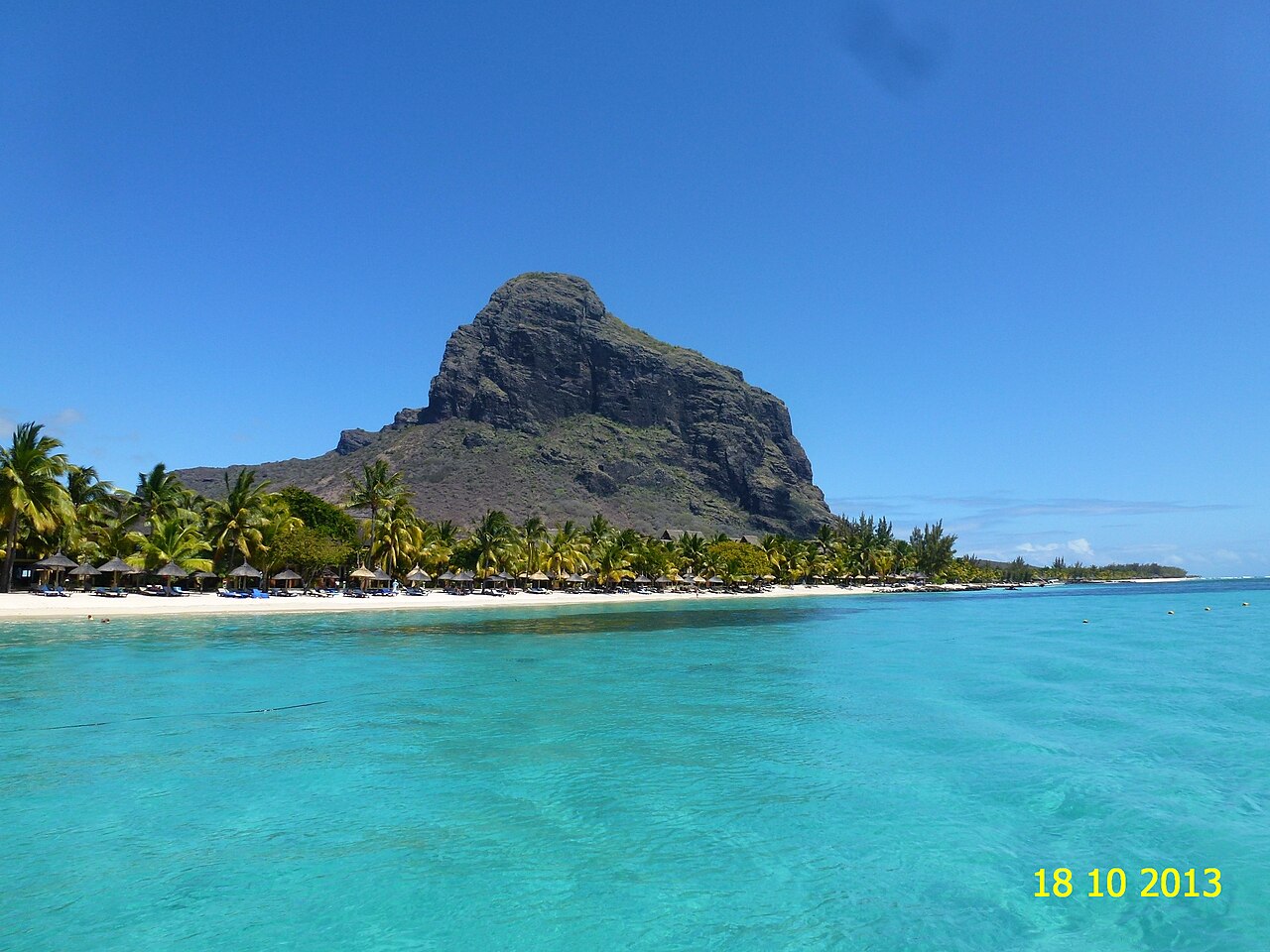Le Morne Brabant mountain rising steeply from its basalt peninsula, southwestern Mauritius