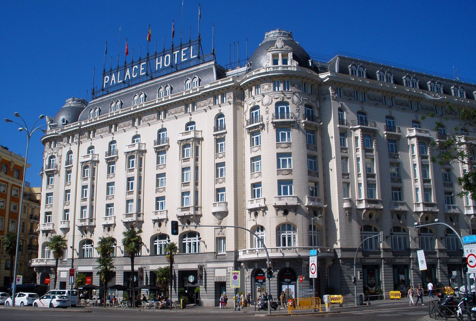 The stone facade and mansard roofs of the Westin Palace hotel, Madrid