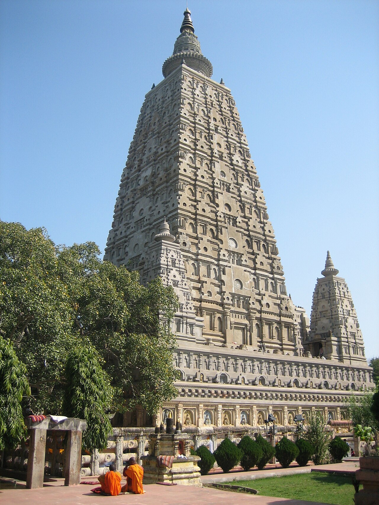 The Mahabodhi Temple at Bodh Gaya, Bihar, India — a 50-metre pyramidal tower marking the site where the Buddha attained enlightenment under the Bodhi tree, ca. 500 BCE
