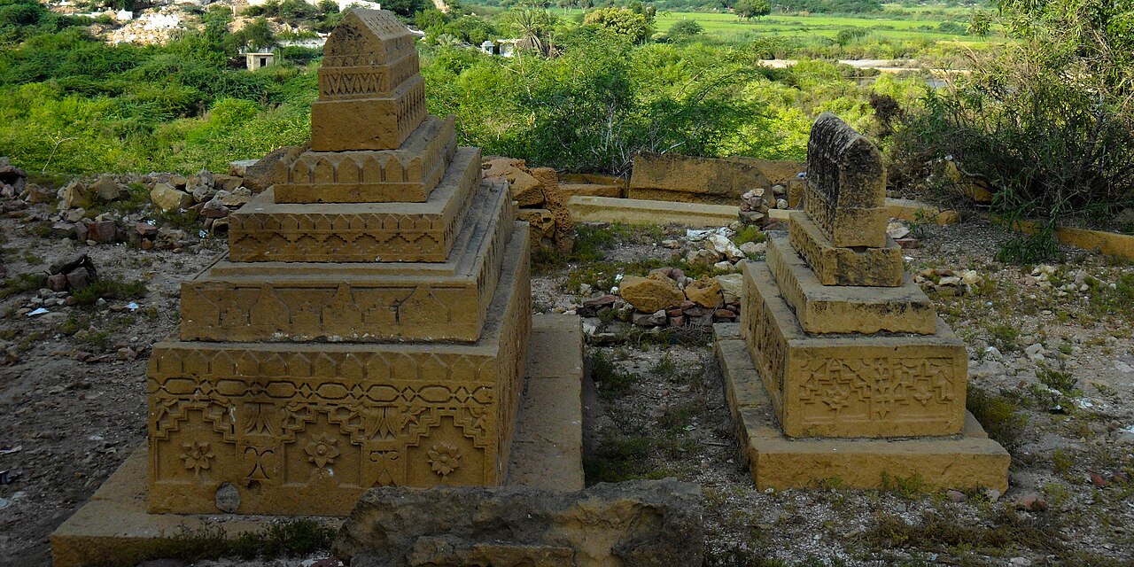 Monumental sandstone tomb with carved geometric ornament at Makli Necropolis Thatta