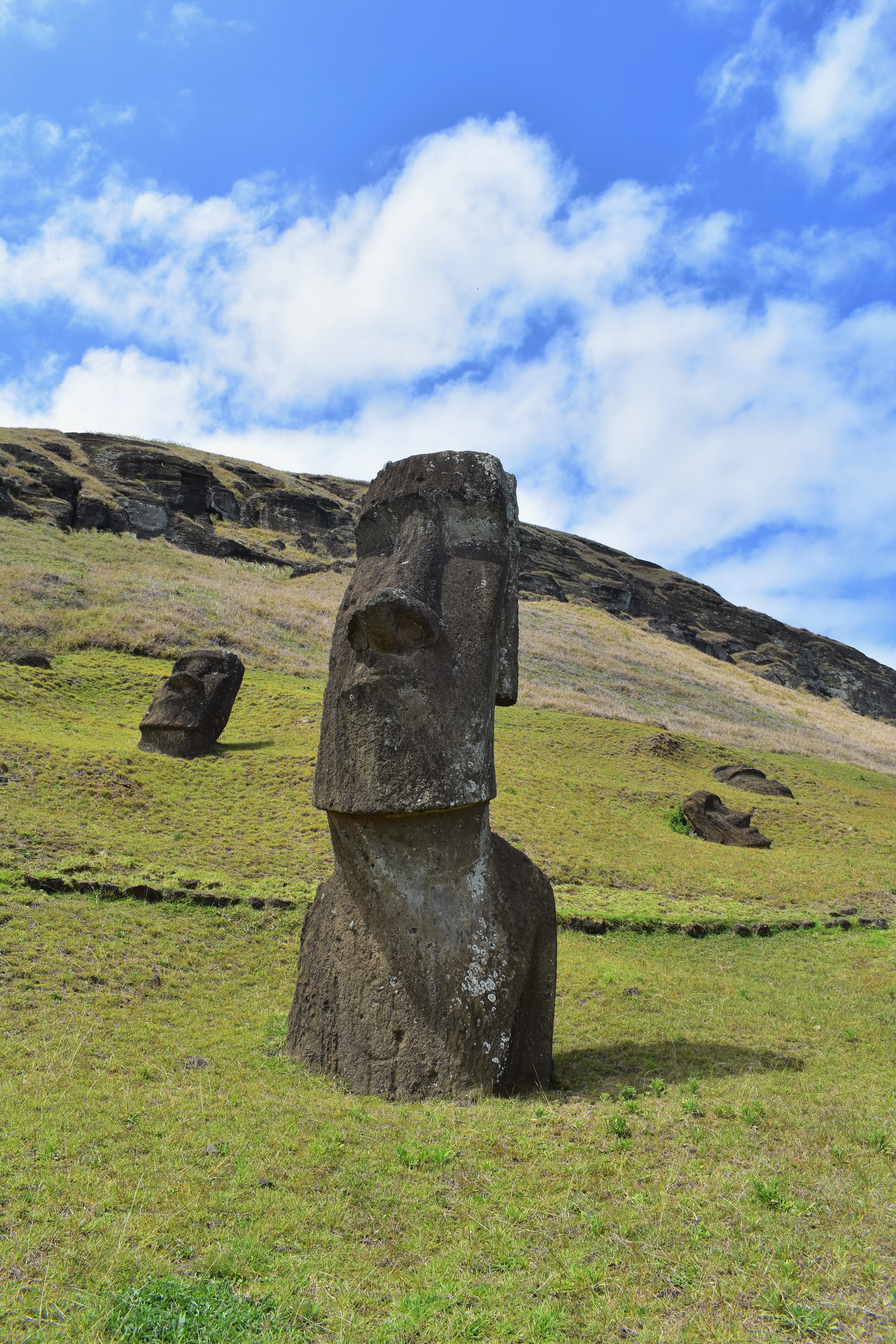 Monolithic moai stone statues standing at Rano Raraku quarry on Easter Island Rapa Nui