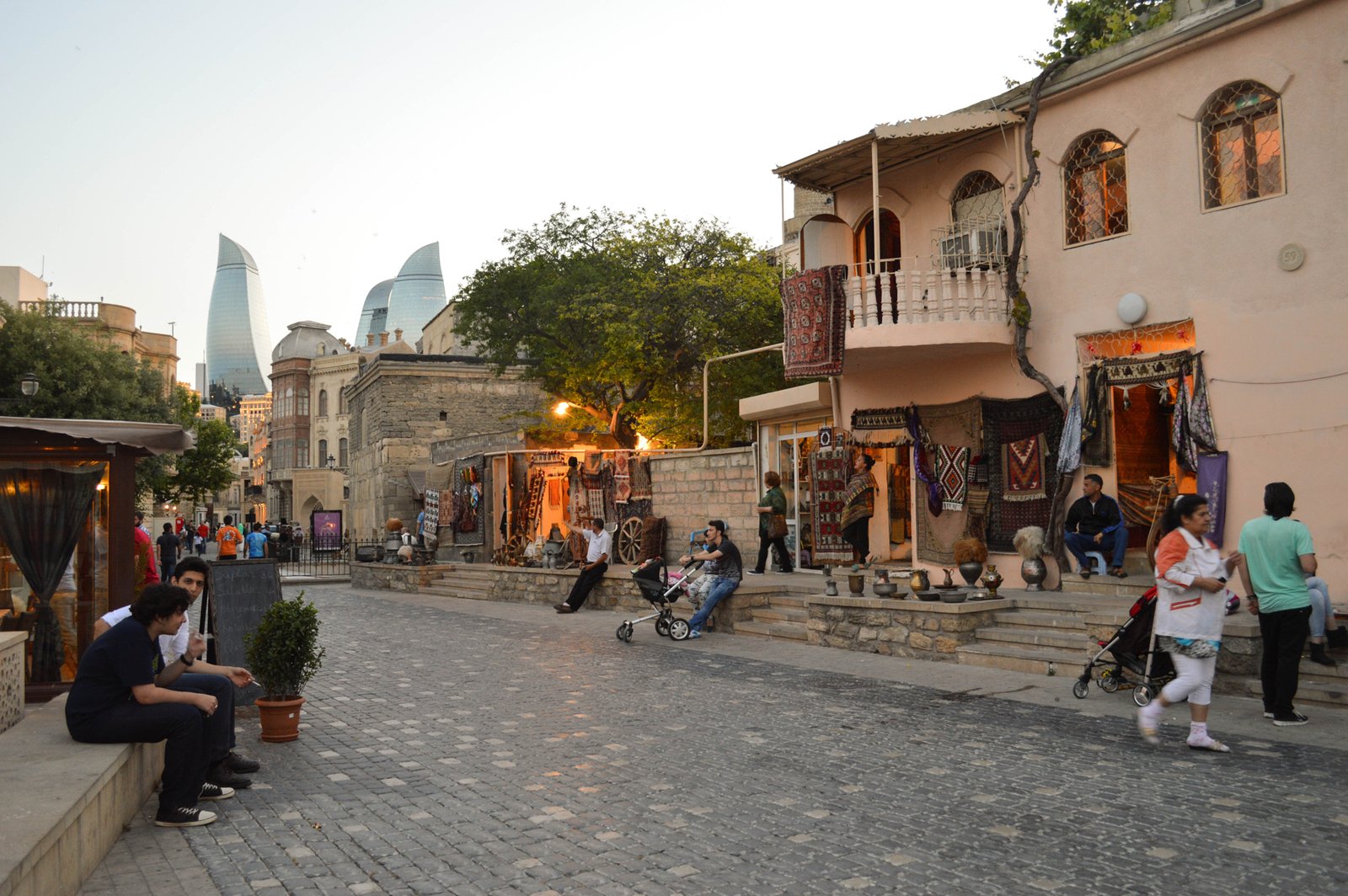 Baku walled old city Ichari Shahar at dusk, Azerbaijan