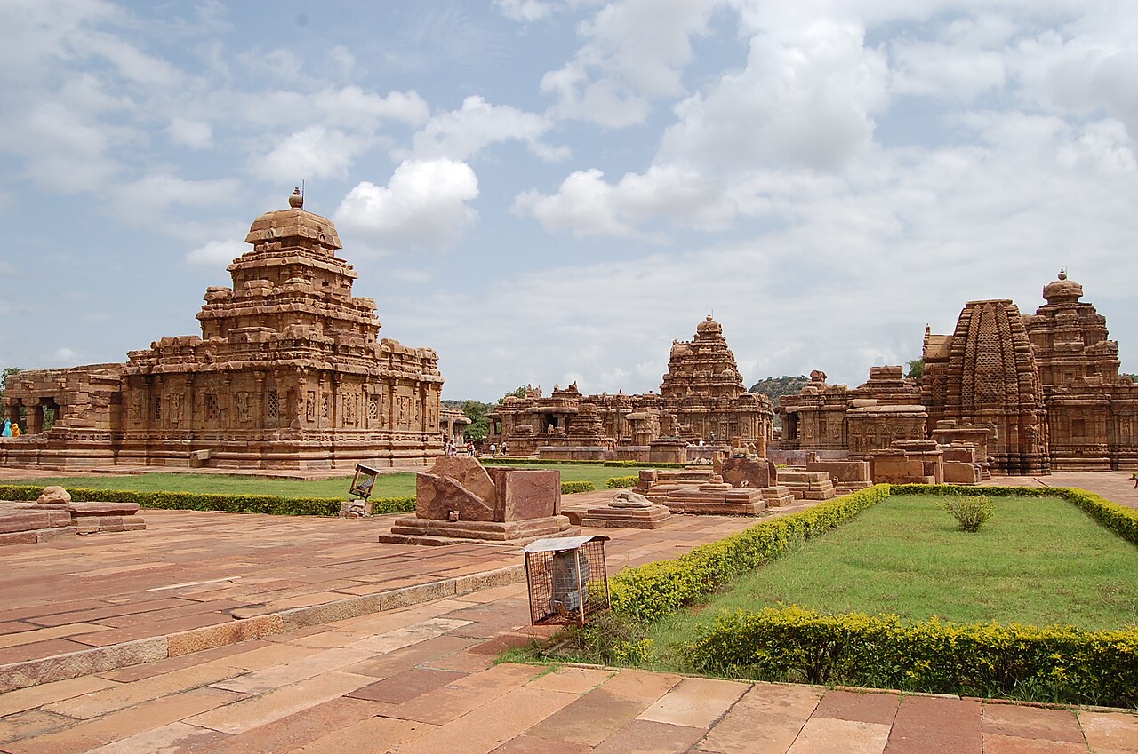 The temple complex at Pattadakal, Karnataka, India — a group of 8th-century Chalukyan temples combining North Indian Nagara and South Indian Dravidian architectural styles