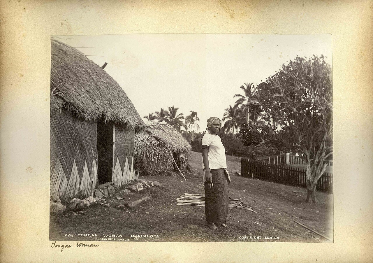Historic photographic postcard showing a Tongan woman in Nukualofa, Tonga, from the Australian National Maritime Museum collection