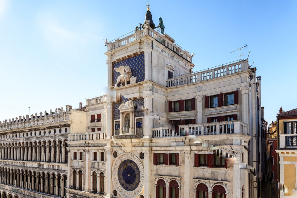 The Clock Tower over the entrance to the Merceria, with its blue and gold astronomical dial