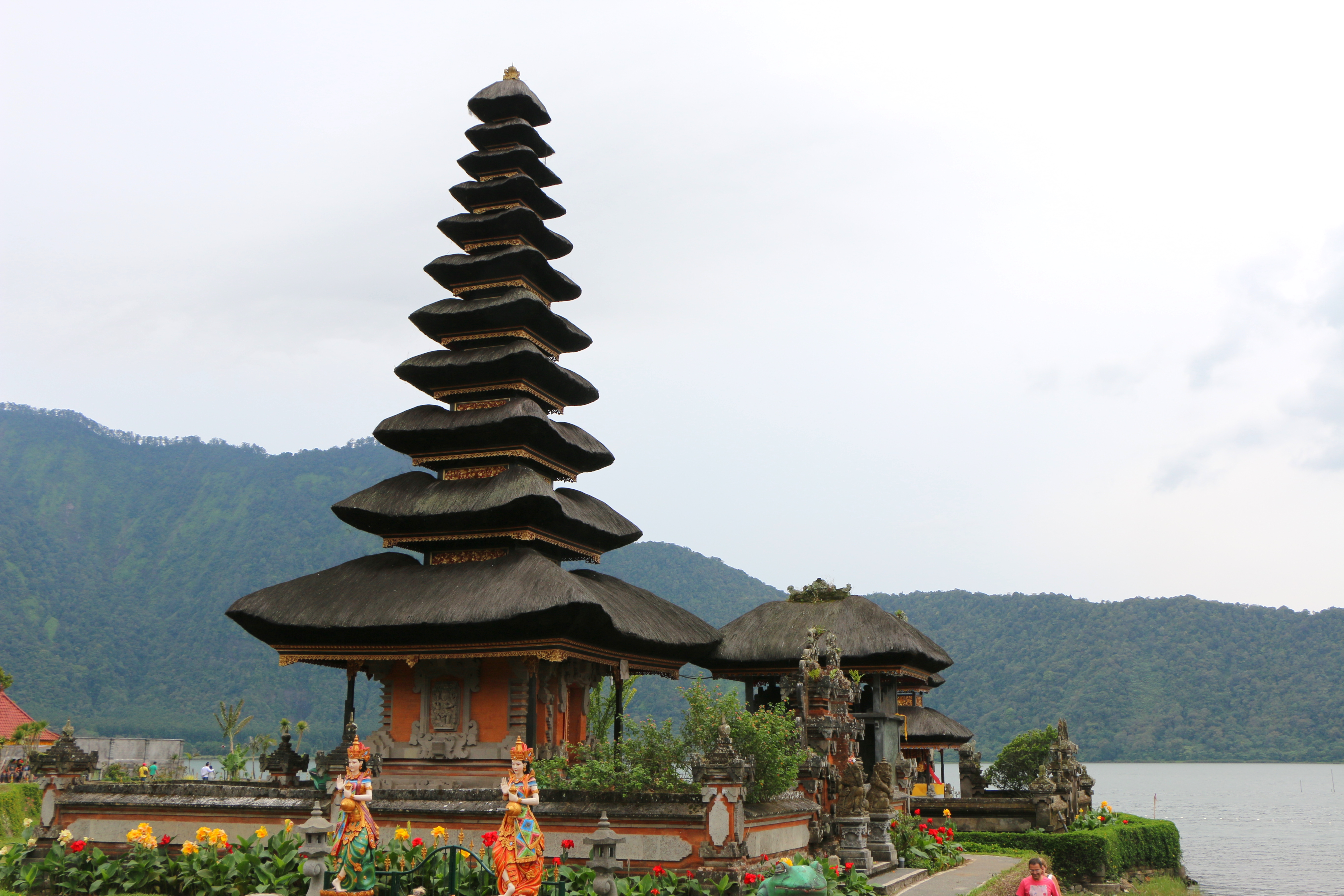 Multi-tiered temple of Pura Ulun Danu Bratan rising from the surface of Lake Bratan in Bali